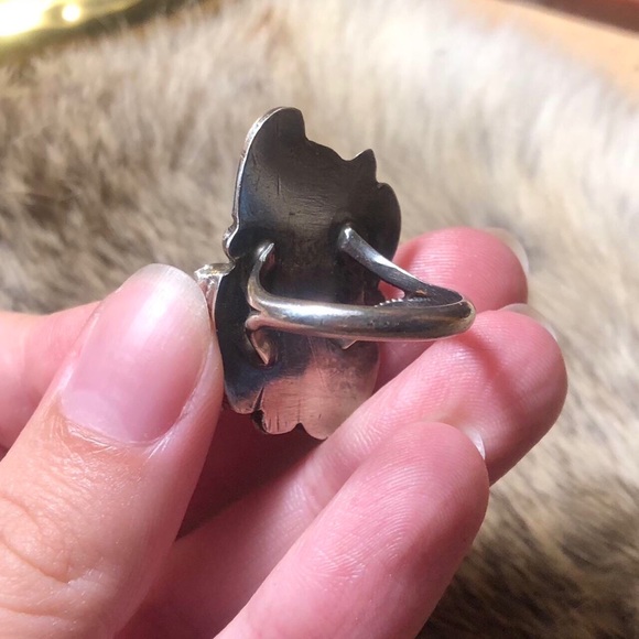 Vintage old pawn Native American Navajo chunky turquoise and coral overlay ring - Picture 4 of 4